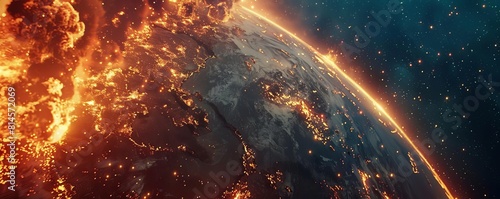Earth in extreme closeup showing a continent ablaze, cinematic lighting highlighting the textures of fire and ash