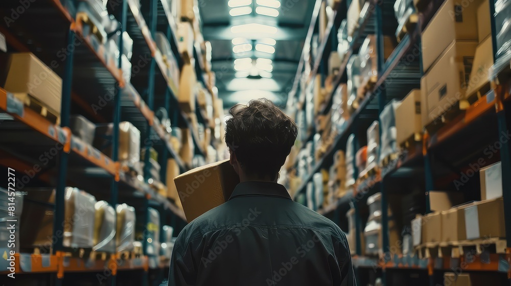 Warehouse scene: delivery man holds a parcel, surrounded by shelves of inventory. Warehouse scene: delivery man holds a parcel, surrounded by shelves of inventory.