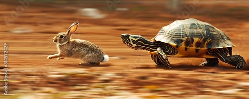 Humorous race scene at the Paris Olympics with a turtle surprisingly leading with a rabbit on its back, highspeed macro style photo