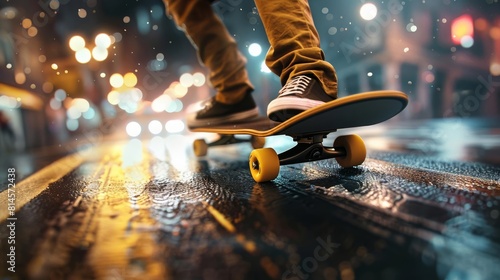Olympic Paris Closeup of a skateboard rolling down an urban hill, motion blur capturing speed, hyperrealistic, lit by streetlights from above