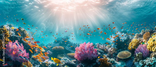 Vibrant coral reef bustling with colorful marine creatures, captured in a stunning underwater photograph. photo
