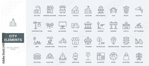 Public park and buildings, location of food cart, car parking, ticket to museum and airport, shopping and waste plant thin black and red symbols vector illustration. City infrastructure line icons set