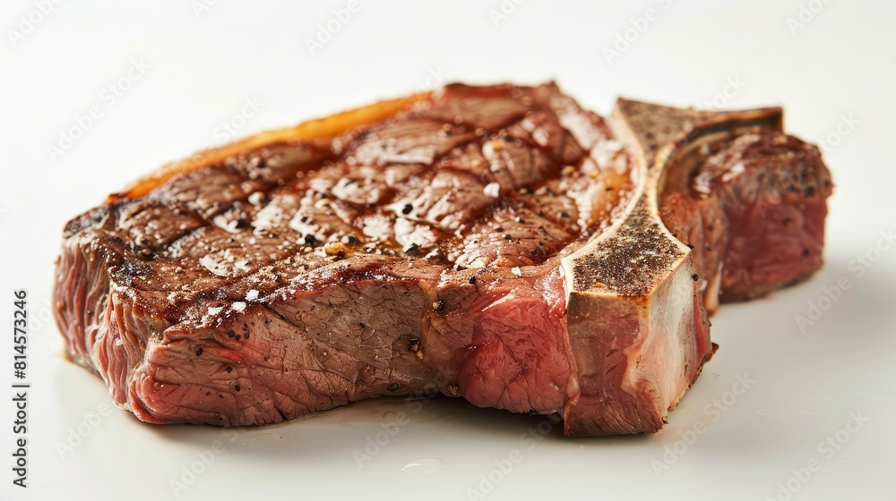 Focused shot of a medium well T-bone steak, highlighting the well-cooked surface and slight pink center, isolated background Focused shot of a medium well T-bone steak, highlighting the well-cooked surface and slight pink center, isolated background