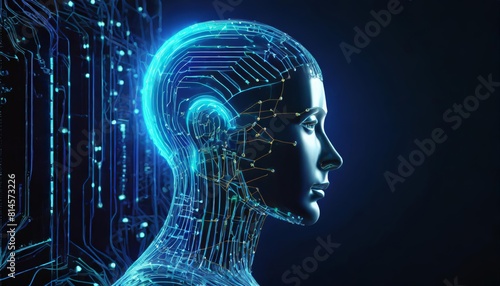 Futuristic artificial intelligence computer head, Digital holographic