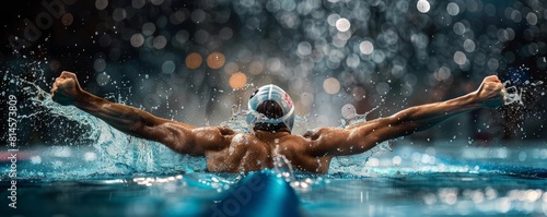 Olympic Paris Swimmer celebrating victory in the pool, water splashing around as they punch the air, light painting style