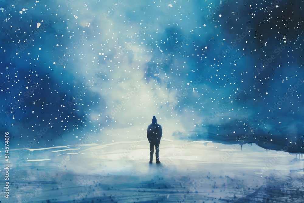 A person standing in the snow, suitable for winter themes