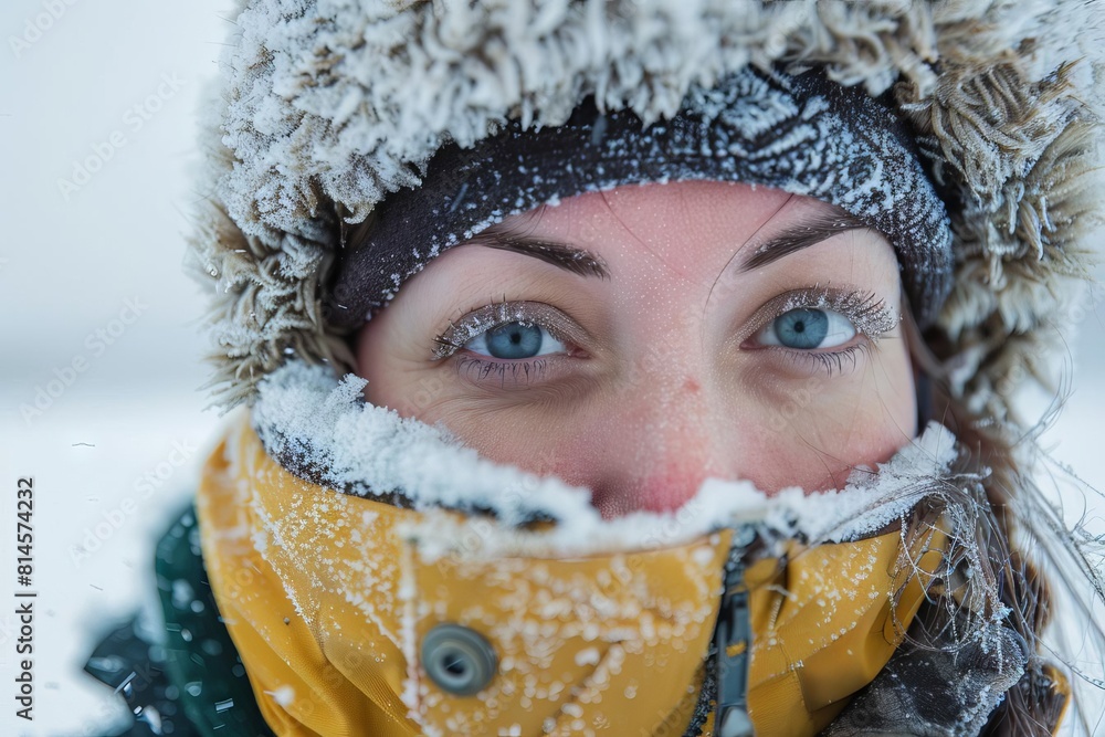 adventurous woman traveler in the arctic with snowcovered eyelashes and clothes travel photography adventurous woman traveler in the arctic with snowcovered eyelashes and clothes travel photography