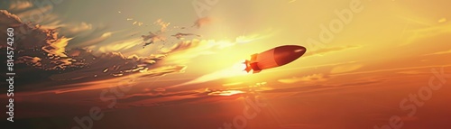 Rocket descending back to earth with a parachute  motion blur on the descending craft  hyperrealistic  dynamically lit by the setting sun