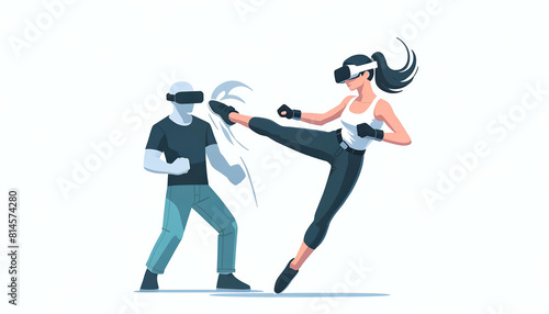 A flat design illustration of a woman in VR executing a martial arts kick against a virtual foe, isolated on a white background.