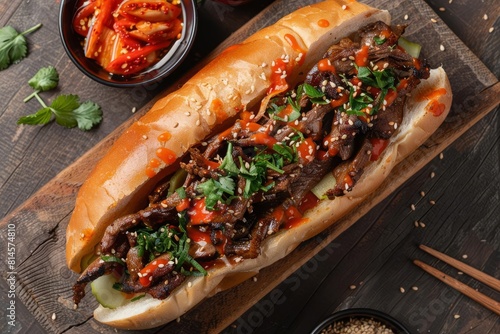 appetizing bulgogi sandwich with savory korean barbecue food photography overhead shot photo