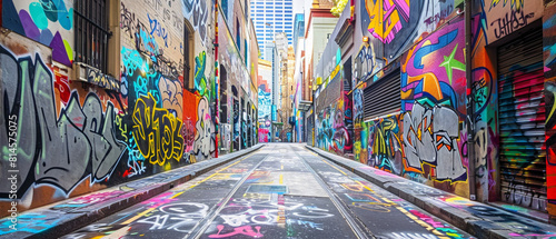 Vibrant street art decorates a narrow urban alleyway, showcasing a colorful and dynamic graffiti mural.