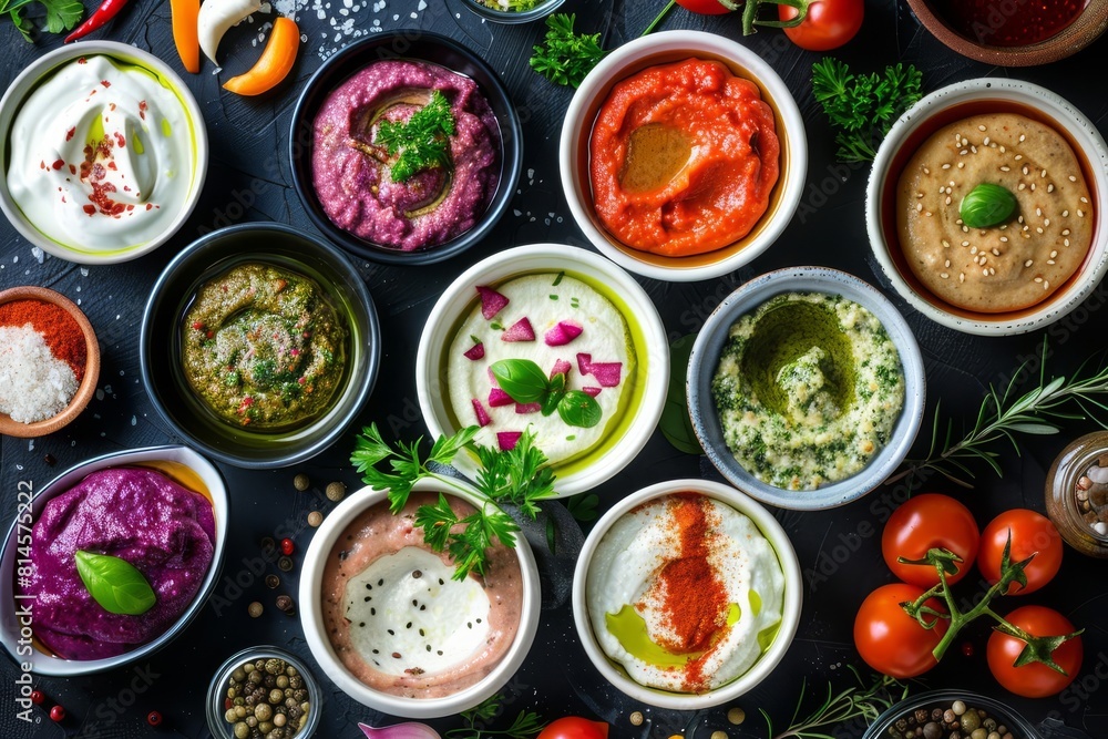 assortment of delicious dip sauces in bowls top view food photography assortment of delicious dip sauces in bowls top view food photography