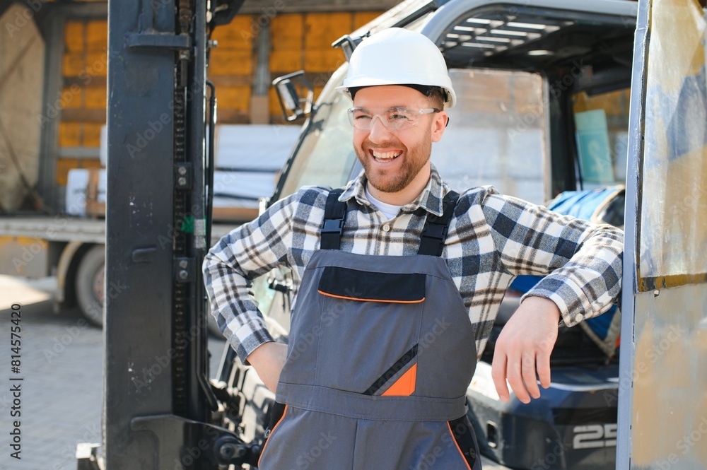 Warehouse man worker with forklift Warehouse man worker with forklift