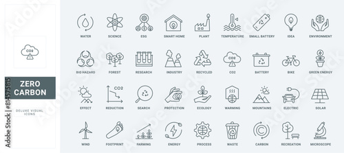 Smart search for ideas and research on energy production with reduction of CO2 emissions into environment thin black and red symbols vector illustration. Zero carbon technology line icons set