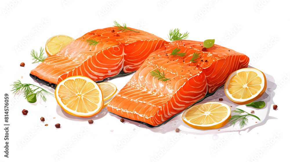 A baked salmon fillet with lemon slices on top and a transparent background. A baked salmon fillet with lemon slices on top and a transparent background.