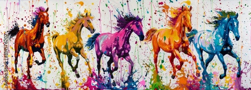 Three horses running in the colorful background, abstract painting style, oil and water color on canvas, high resolution photo