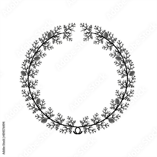 line art illustration of a pine stalk with pinecones forming an arch as a round frame