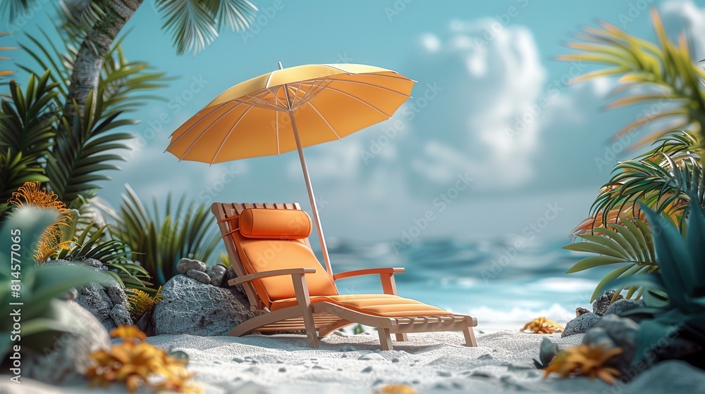 Obraz premium Beach tropical escape 3d rendering image. Yellow umbrella, wooden lounge chair and lush exotic plants wallpaper art colorful realistic. Summertime getaway concept idea, conceptual photo