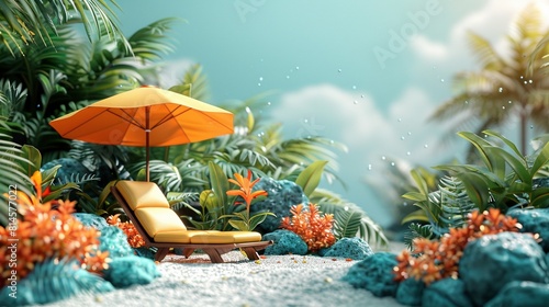 Secluded beach surrounded by lush tropical greenery 3d rendering image. Orange umbrella, lounge chair wallpaper art colorful realistic. Summertime getaway concept idea, conceptual photo