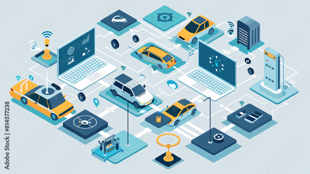 Modern internet of things, IOT, augmented reality, wifi signal, router, laptop, Smart building, smart car connecting with each other blue theme Modern internet of things, IOT, augmented reality, wifi signal, router, laptop, Smart building, smart car connecting with each other blue theme