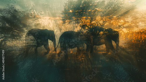 Group of elephants walking in the nature abstract art for background.