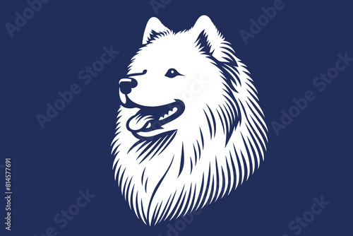 Samoyed dog. Bjelkier.  Engraving vector illustration, logo, icon, emblem. White on blue. Shape and outline. Print