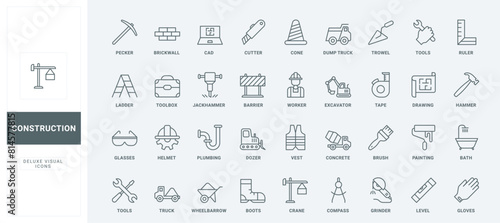Safety helmet and boots of contractor, blueprint of building and builders wheelbarrow thin black and red outline symbols, vector illustration. Construction site tools and equipment line icons set
