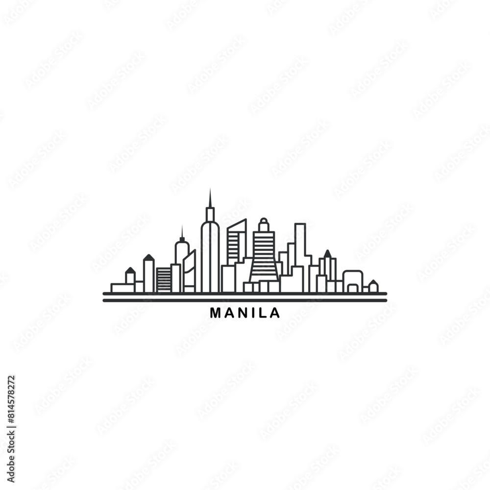 Manila cityscape skyline city panorama vector flat modern logo icon. Philippines capital travel emblem idea with landmarks and building silhouettes. Isolated thin line black graphic Manila cityscape skyline city panorama vector flat modern logo icon. Philippines capital travel emblem idea with landmarks and building silhouettes. Isolated thin line black graphic