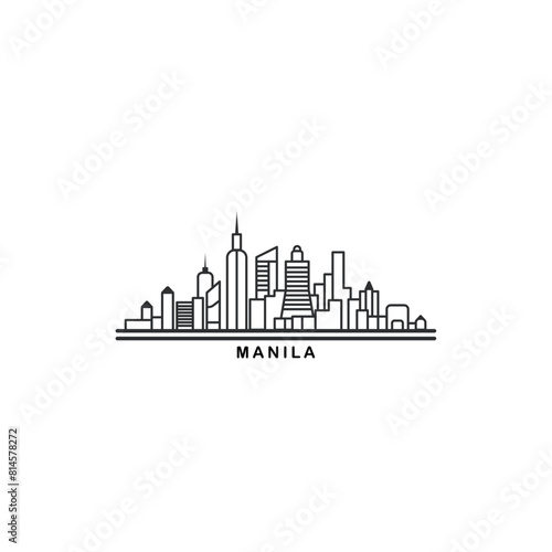 Manila cityscape skyline city panorama vector flat modern logo icon. Philippines capital travel emblem idea with landmarks and building silhouettes. Isolated thin line black graphic