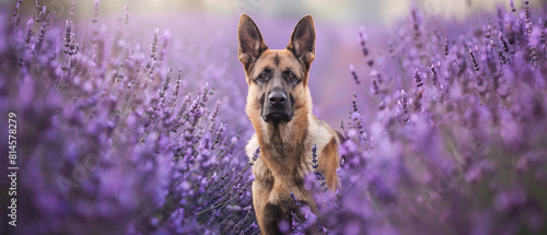 A german shepherd standing in a purple lavender field. 