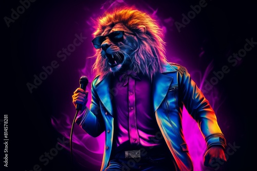 A super star lion with a microphone on stage  neon background. 