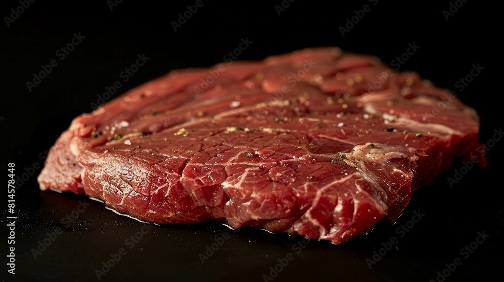 Intimate view of a medium Top Blade steak, perfectly cooked with focus on texture and doneness, under studio lighting for clear advertisement Intimate view of a medium Top Blade steak, perfectly cooked with focus on texture and doneness, under studio lighting for clear advertisement