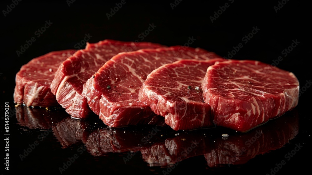 Fototapeta premium Detailed shot of Medium Rare Top Round beef, highlighting the juicy texture and rich color, ideal for food advertising, studio lighting