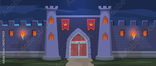 Night medieval fortress gate. Nocturne fantasy kingdom entrance, royal stronghold cartoon vector background illustration