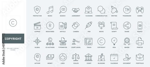 Content creation and storytelling, license for music, video and online games thin black and red symbols vector illustration. Trademark, patent and intellectual property protection line icons set