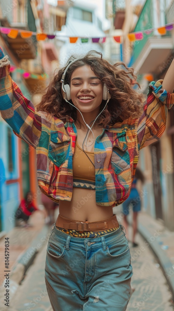 Cheerful young ethnic woman in trendy casual outfit and headphones dancing on street with mobile phone