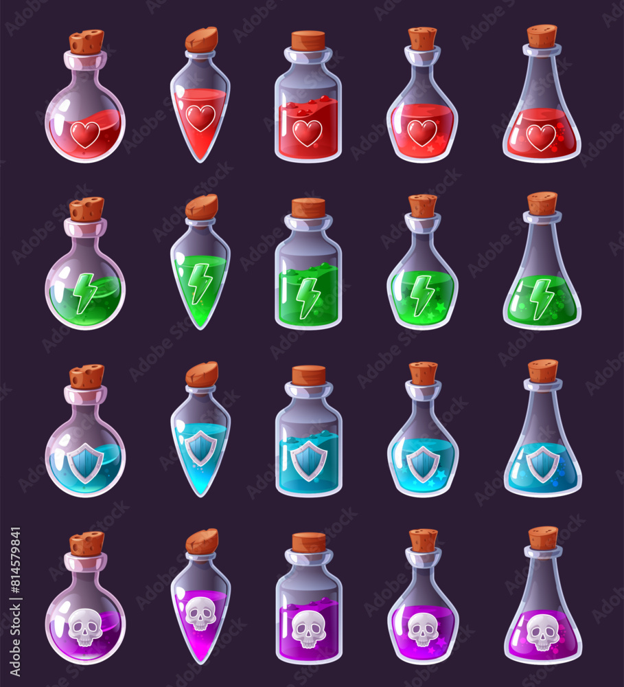 Cartoon potion bottles. Magical elixir vials with life heart, power lightning, defense shield and skull icons isolated vector illustration set Cartoon potion bottles. Magical elixir vials with life heart, power lightning, defense shield and skull icons isolated vector illustration set