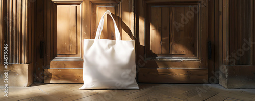 A cream tote bag sits on the wooden floor in front of a closed wooden door. The bag is blank and ready to be customized.