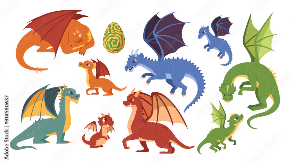Obraz premium Adult and young magic dragons. Magical creature egg, dragon family and mythical beasts cartoon vector illustration set
