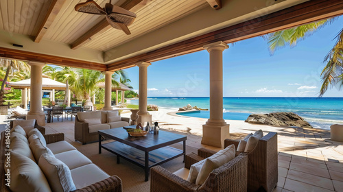 Luxurious Terrace with furniture by the ocean. beachfront oasis offering relaxation under the soft shade of elegance