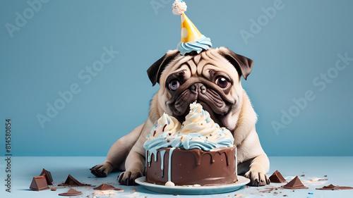 Portrait of cute puppy of the pug breed with party hat on head and birthday chocolate cake on pastel background,
