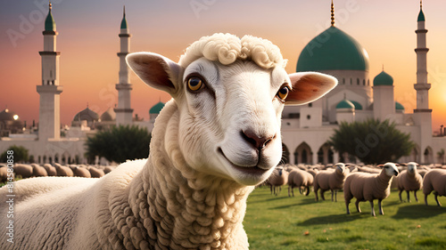 Eid mubarak traditional islamic festival religious background with A sheep standing in front of a mosque with a large dome 