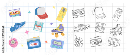 Classic y2k, 90s and 2000s aesthetic. Flat and outline style set of vintage elements. Hand-drawn vector illustration on background of checkered notebook sheet. Patch, sticker, badge, emblem.