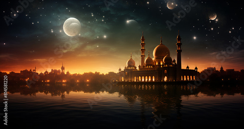 Moon light shine through the window into islamic mosque interior 