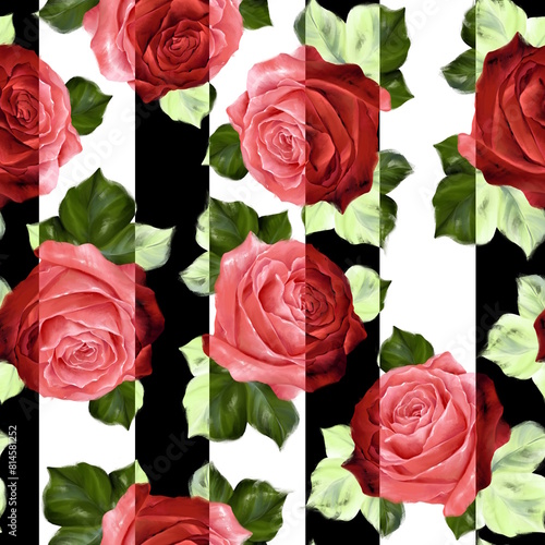 Roses seamless pattern background. Striped fabric design