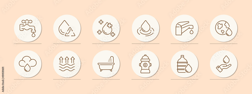 Water set icon. Faucet, aqua, recycling, improvement, cross, drop, ocean, water balance, water level, tap, crane, world, earth, planet, bathroom, hydrant, water bottle. Environment care concept. Water set icon. Faucet, aqua, recycling, improvement, cross, drop, ocean, water balance, water level, tap, crane, world, earth, planet, bathroom, hydrant, water bottle. Environment care concept.