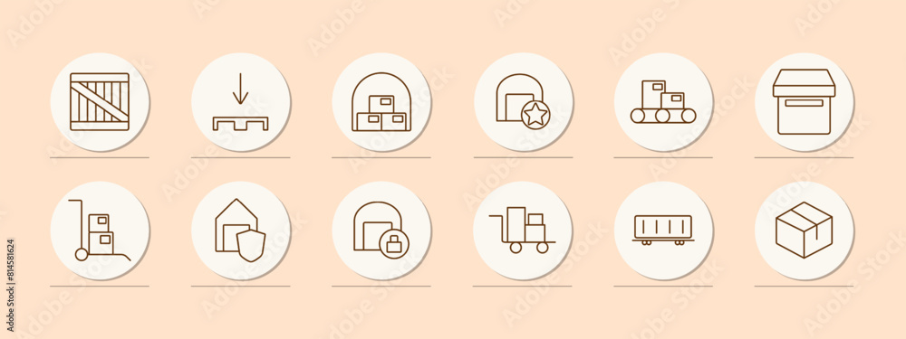 Delivery set icon. Online shopping, box, port, sea container, stuffing, warehouse, star, hangar, box, shield, lock, stretcher, cardboard box. Cargo transportation concept. Delivery set icon. Online shopping, box, port, sea container, stuffing, warehouse, star, hangar, box, shield, lock, stretcher, cardboard box. Cargo transportation concept.