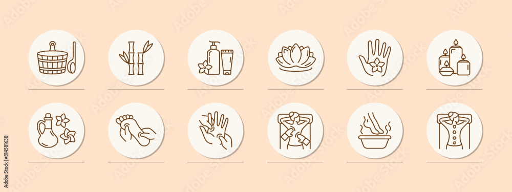 Sauna set icon. Basin with ladle, bamboo, creams and balms, lotus, unity with nature, flower, lighting, candle aroma, feet, foot, arm, back massage, warm water, stone therapy. Relaxation concept. Sauna set icon. Basin with ladle, bamboo, creams and balms, lotus, unity with nature, flower, lighting, candle aroma, feet, foot, arm, back massage, warm water, stone therapy. Relaxation concept.