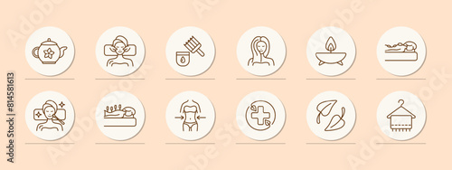Relax set icon. Tea, tea ceremony, facial massage, acupuncture, cream, oils, healthy and strong hair, aroma candle, stone therapy, towel, weight loss, cross, traditional medicine. Sauna concept.