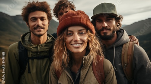 Group of jovial friends enjoying mountaintop moment portrait image. Sharing bond of hiking adventure photography. Smiling hikers closeup picture. Wanderlust concept photo realistic